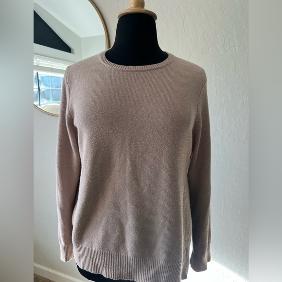 ANN TAYLOR beige crew neck sweater with side zip - Picture 1 of 4
